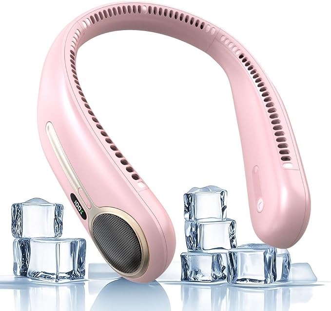 Portable Neck Fan, Personal Wearable Bladeless Fan, 6000mAh USB Rechargeable, 360° Airflow, LED Display, 4-Speeds, Hands Free Fan for Outdoor Indoor, Birthday Gifts for Men Women Dad Mom (Pink)