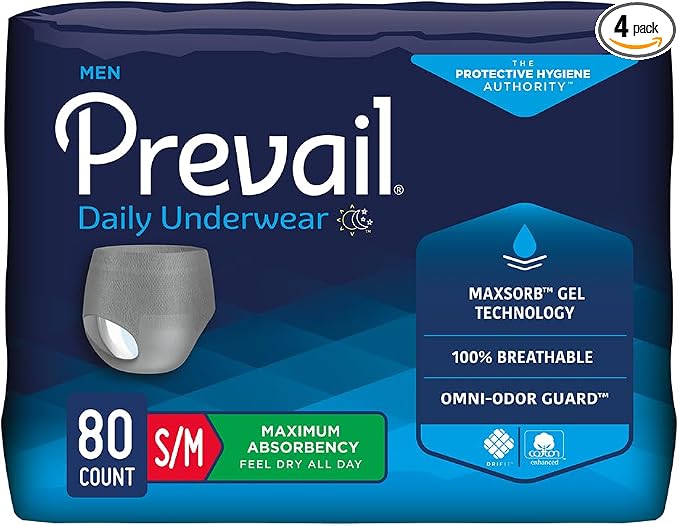 Prevail - Men's Protective Underwear - Pull-up Incontinence Underwear - Disposable Adult Diaper - Maximum Absorbency - Small / Medium - 80 Count (4 packs of 20)