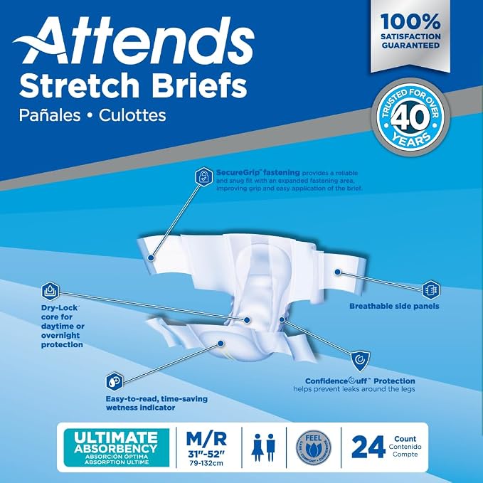 Attends Stretch Adult Incontinence Disposable Briefs, Medium/Regular, 31"-52" Waist with SecureGrip Tab Closure, Ultimate Absorbency with Dry-Lock Containment Core and Breathable Side Panels, 24ct Bag