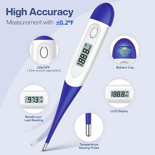 Boncare Digital Thermometer for Adults, Kids & Babies, Dark Blue | Accurate & Safe Oral and Rectal Thermometer with 10-Second Reading and Fever Alarm