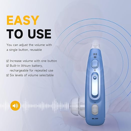 Compact, portable noise-canceling Hearing Amplifier, rechargeable, delivers clear all-around sound