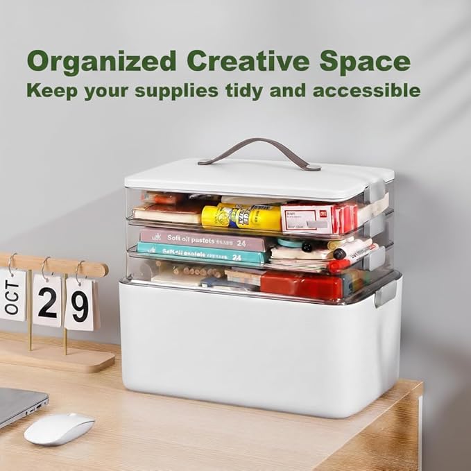 MOPALL 4-Tier Medicine Organizer Storage Box, Portable Latch Bin with Lid and Leather Handle, Cabinet Closet Organization for Home Office, Pill Bottle, First Aid, Sewing, Art, Craft