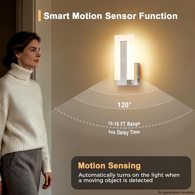 Joosenhouse Modern Wall Sconces Set of 2, 9.76 Inch Nickel Motion Sensor LED Wall Lights, Hardwired Indoor Wall Mount Light for Hallway, Bedroom, Living Room