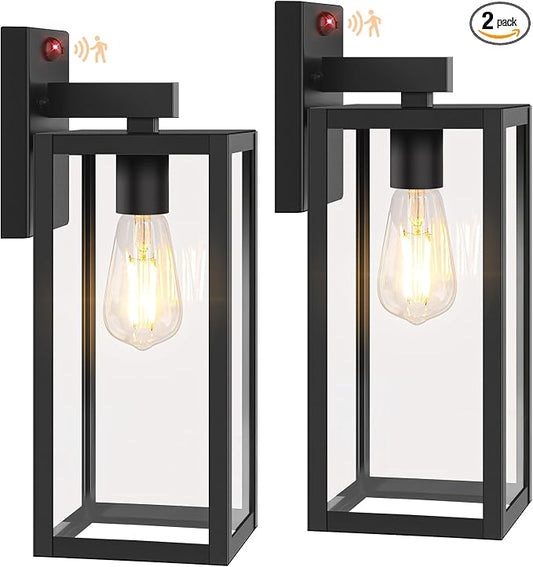 2-Pack 15” Upgraded Motion Sensor Outdoor Wall Lights, Black | Auto ON/OFF, 3 Lighting Modes, Waterproof, Rust-Resistant, Durable Metal & Clear Glass, Standard E26 Sockets, Easy to Install