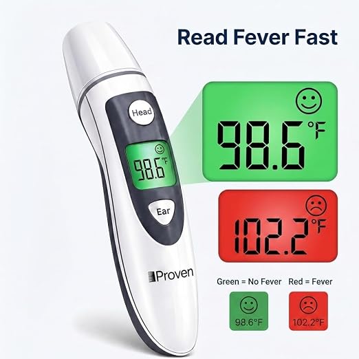 iProven Ear and Forehead Thermometer for Adults, Kids, and Baby | 2-in-1 Ear & Forehead, 1-Second Readings, Fever Alert Color Indicator, 20 Memory Recall, Family Thermometer For Home Use