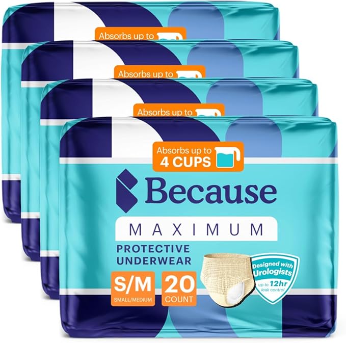 Because Premium Maximum Plus Adult Incontinence and Postpartum Bladder Leak Underwear for Women, Maximum Absorbency, Disposable, Beige, Small/Medium, 80 Count (4 Packs of 20)