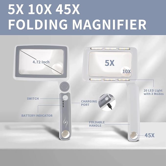 Magnifying Glass with Light, 5X 10X 45X Rechargeable Magnifier with 20 LED, 3 Light Modes Folding Lighted Magnifying Glass Handheld for Seniors Low Vision Reading (Gray & White)
