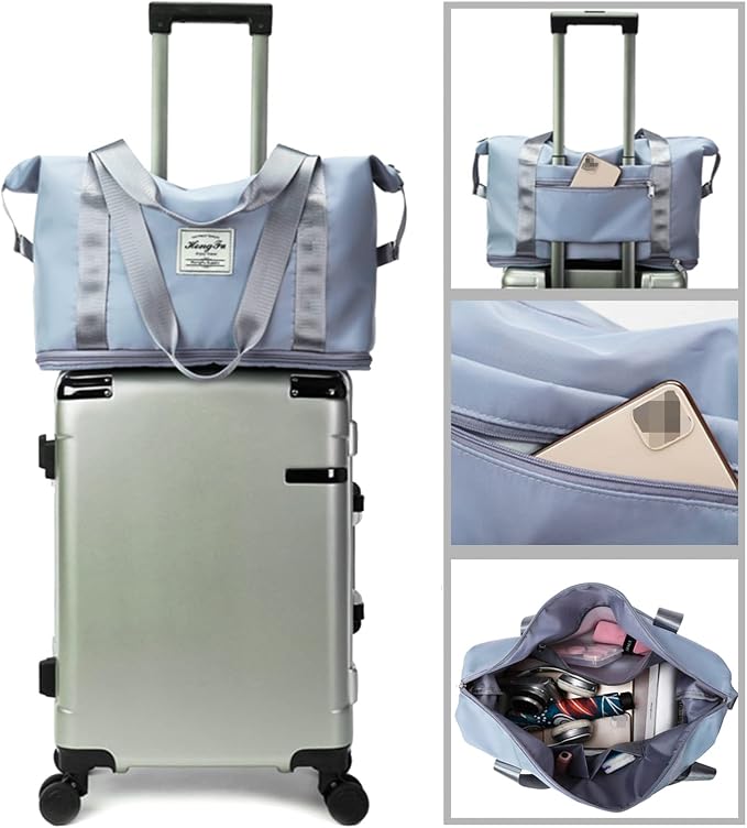 Large Capacity Folding Travel Bag, Lightweight Waterproof Luggage Bag, Expandable Travel Duffel Bag, Dry Wet Separated Gym Tote Bag, Weekender Overnight Bags for Women and Man (Blue)