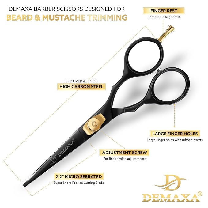 Mustache Scissors Beard Scissors for men with Beard Mustache Comb DEMAXA 5.5" Rust-Free Professionally Sharpened for Precision Trimming with Tweezers, Premium Black Beard Shears moustache scissors men