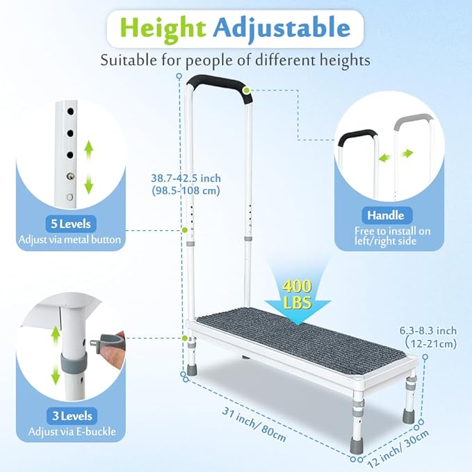 Step Stool with Handle for Elderly Adults Medical Bedside Steps for High Beds Seniors Safety Stepping Stool with Handrail Heavy Duty 400lbs Adjustable Handicap Bed Stairs Wide Platform-31