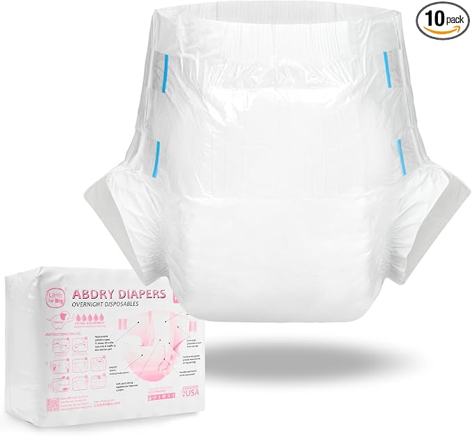 Littleforbig Adjustable Tapes Adult Diaper 10 Pieces - ABDry Ultra Absorbent Diapers 6500 mL White (Large 36"-48")
