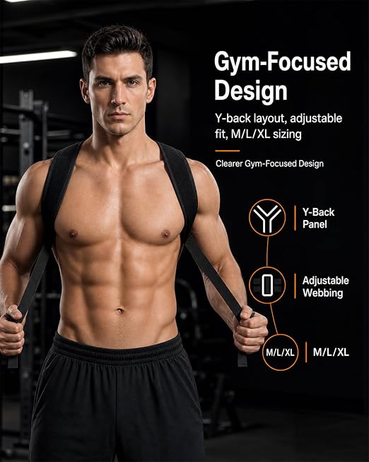 Workout Posture Corrector for Men, Upper Back Gym Trainer | Y-Back EVA panel, adjustable foam straps, gentle upper-back reminder for chest, shoulder and back workouts