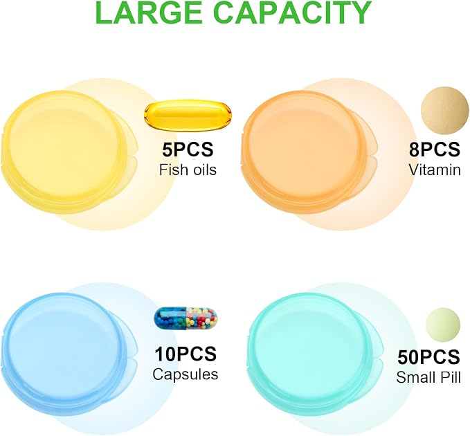 Small Pill Case, 8 Pack Round Pill Storage Boxes, Portable Tiny Pill Organizer Container for Pocket Purse, Compact Plastic Medicine Caddy Dispenser for Work, Caping, Trip, Travel - Colorful