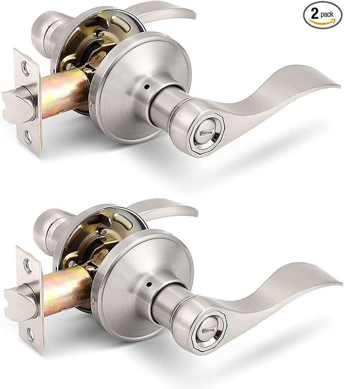Gobrico 2 Pack Satin Nickel Privacy Bed and Bath Door Levers, Interior Keyless Door Handles, Wave/Drop Style Knobs for Left/Right-Handed Doors
