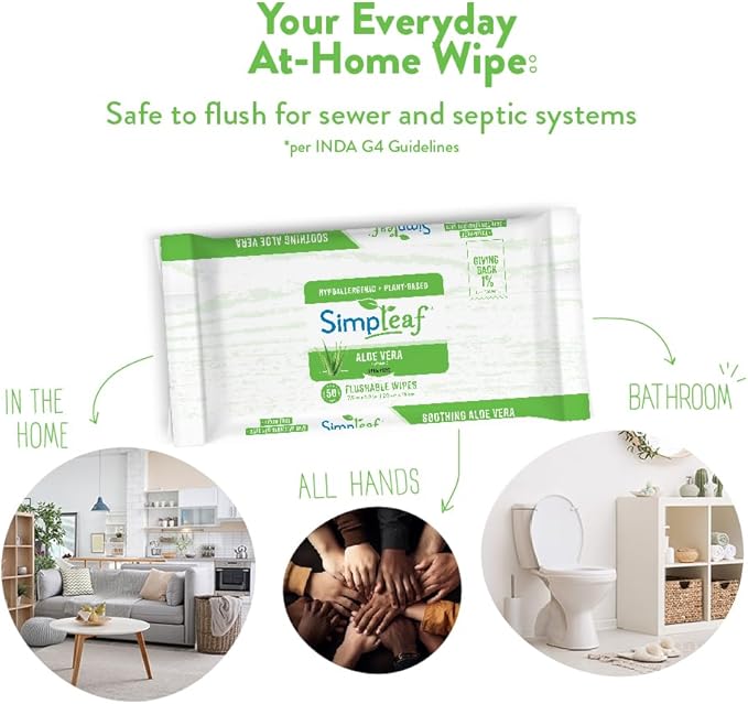 Simpleaf Flushable Wet Wipes Aloe Vera | Plastic Free, Paraben & Alcohol Free | Hypoallergenic & Safe for Sensitive Skin | Soothing Aloe Formula | Adult Toilet Wipes (12 x 50 Counts Pack) 600 Counts