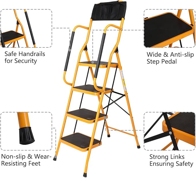 Winado 4 Step Ladder with Handrails & ToolBag, 330lbs Folding Step Stool, w/Non-Slip Side Armrests Large Pedal Area, Suitable for Home Office