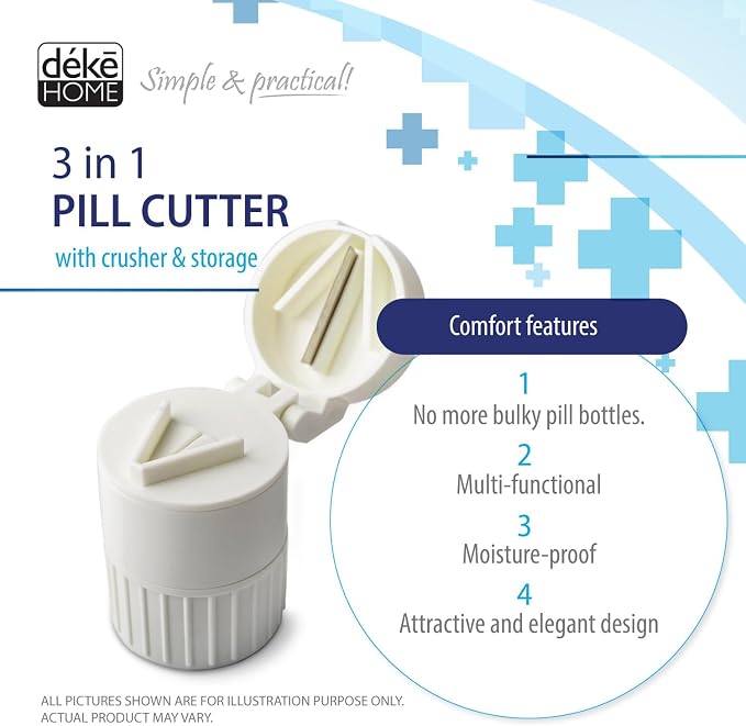 Deke Home - 3 in 1 Pill Cutter & Crusher with Storage, Compact Pill Splitter with Stainless Blade, Powder Grinder & Travel Cup, Best for Scored Tablets, Vitamins & Medication, BPA Free