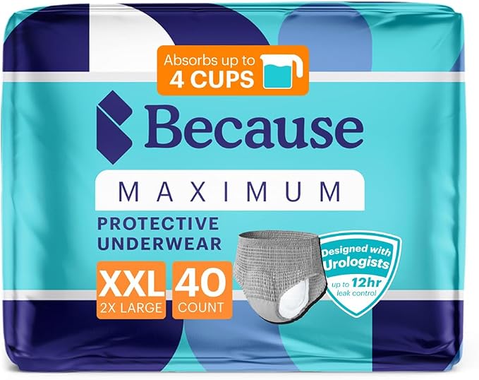 Because Maximum Incontinence Underwear for Men - Heavy Bladder Leak Protection, Ideal for Overnight Leakage, Sleek, Invisible Fit, Grey, XXLarge - Absorbs 4 Cups - 40 Count (4 Packs of 10)