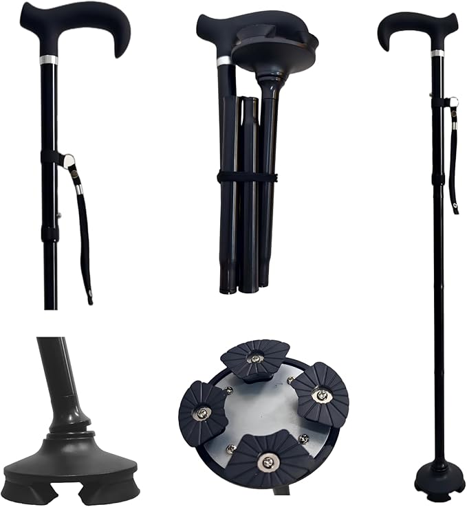 Walking Cane Crutches for Adults,Men&Women Seniors-Foldable Adjustable Lightweight Walking Stick with Waterproof Slip-Resistant Handle,360°Rotating Base&Wrist Strap-for Daily Support