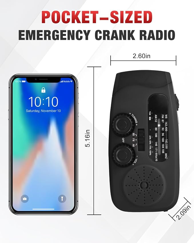 Hand Crank Radio with AM/FM/NOAA Weather Bands,for Emergencies, Camping | 3 LED Flashlights,SOS Function,Solar Powered,Hand Cranked, 2000mAh/7400mWh Charger,for Power Outage - Black