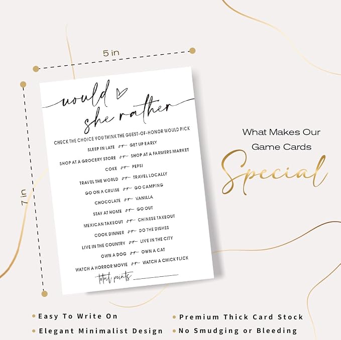 Wedding Shower Games Cards, Would She Rather Bridal Shower Game for 25 Guests, Engagement Party Wedding Games for Guests, Minimalist White Wedding Party Supplies - A11
