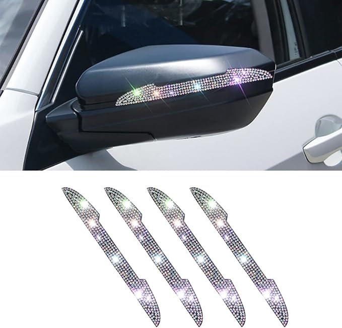 4PCS Bling Car Door Handle Scratch Protector, Multicolor | 5.75x0.39 Inch, Universal fit, side panels/mirror edges, stainless steel, rhinestones, adhesive backing, exterior accessories