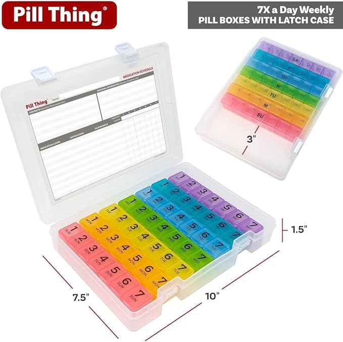 7 Times a Day Weekly Pill Box Organizer Case, Secure 7X Pillbox with Medication Schedule (997-389 Combo)