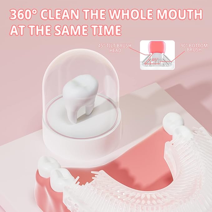 Kids Electric U Shaped Toothbrush, Kids Unicorn Sonic Automatic Toothbrush with 4 Soft Brush Heads with Toothpaste - (Age 8-15, Pink)