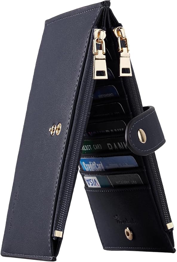 Travelambo Womens Leather Bifold Wallet, Slim RFID Blocking Card Holder | Large Capacity, 16 Card Slots & ID Window, 2 Zipper Pockets, Dual Snap Closure, Slim Lightweight, RFID Privacy Protection
