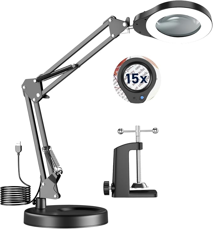 15X Magnifying Glass with Light and Stand, 84 LED Desk Magnifying Glass wtih Clamp,5 Color Modes Stepless Dimmable LED Lighted Desk Lamp for Craft Hobby Painting Reading Sewing Close Work