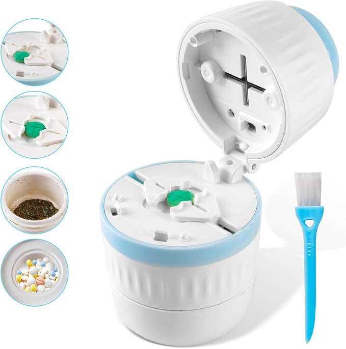 4 in 1 Pill Crusher | Pill Grinder | Pill Organizer, Pill Cutter 1/2 & 1/4 Splitter for Small and Tiny Pills Travel Pill Tablet Cutter Pill Crushing Grinding Machine, Easy Cleaning with 3’’ Brush