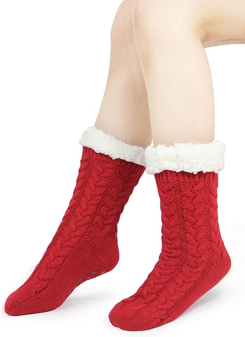 Slipper Socks for Women with Gripper - Winter Non Slip Thick Fuzzy Socks - Warm Cozy Christmas Gift