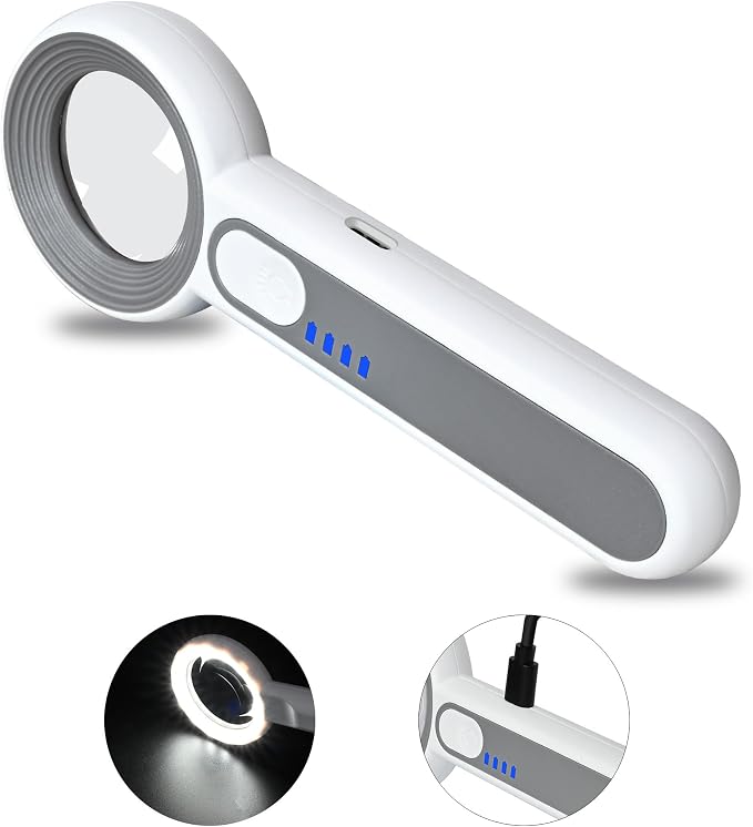 11X Magnifying Glass With Light, Lightweight Rechargeable, 10 LED Power Indicator Handheld for Reading Small Prints, Crafting, Inspecting Coins and Close Work
