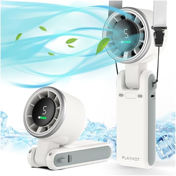 PlayHot Portable Handheld Turbo Fan, Travel Essentials, Gifts for Women/Men | 5-Speed, Up to 12H, 10m/s Airflow, USB-C Rechargeable, LED Display, 3-in-1 Foldable Personal Fan for Cruise, Beach, Vacation