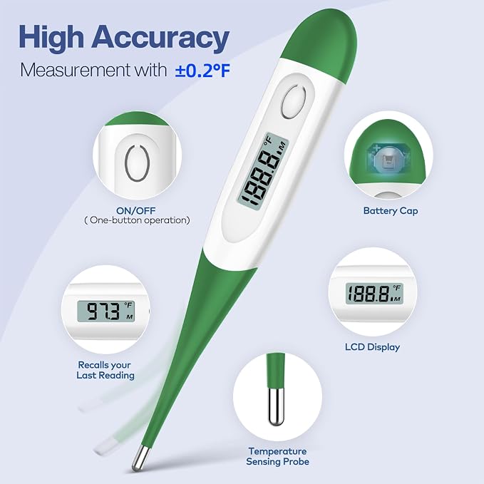 Boncare 10 Seconds Oral Thermometer for Adults and Kids, Dark Green | Accurate & Safe, Rectal Digital Thermometer for Baby, Fever Alarm