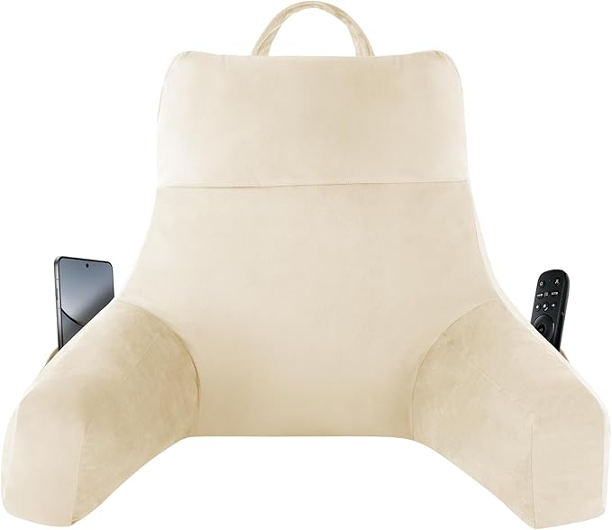 Reading Pillow with Arms for Adult, Back Pillow for Bed Sitting Up, Shredded Memory Foam Backrest Pillow with Pockets & Removable Washable Cover, Lounging, Watching TV, Reading(20" Beige)