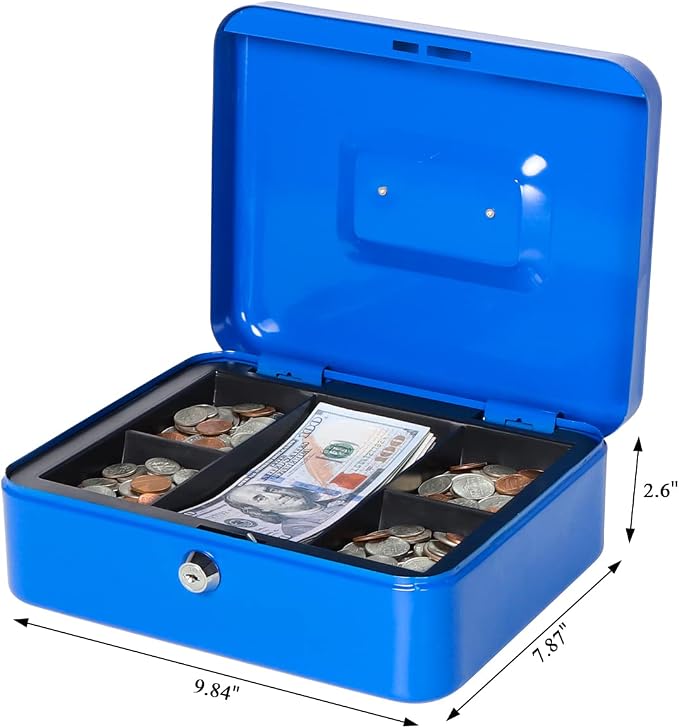 Jssmst Cash Box with Tray - Cash Box with Key Lock Safe Money Box with Cash Tray, Money Saving Box Lock Box for Money, 9.84'' x 7.87'' x 2.6'', Blue