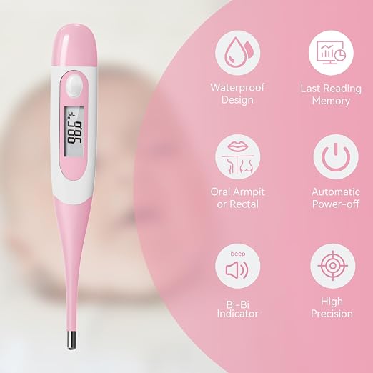 Clinical Digital Thermometer for Adults and Babies, Oral Armpit and Rectal Temperature Thermometer for Fever with Alarm, Flexible Tip