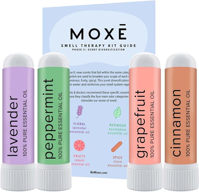 MOXĒ Smell Training Kit, Made in USA, Scent Diversification, 4 Essential Oil Fragrances, Olfactory Regeneration, Smell Expansion, Natural Therapy for Smell Loss, Includes Guidebook & Log (Phase 2)