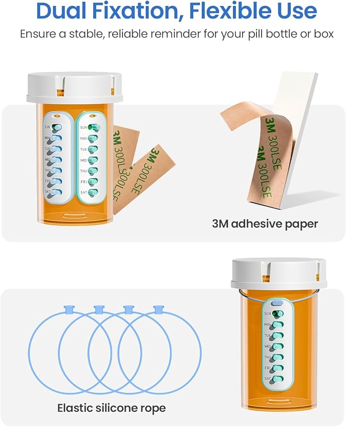 Betife 4-Pack Pill Reminder Tracker - Elastic Lanyard & 3M Stickers, Reusable Medication Reminder for Most Pill Bottles, Daily Habit Tracker for Seniors & Busy Adults