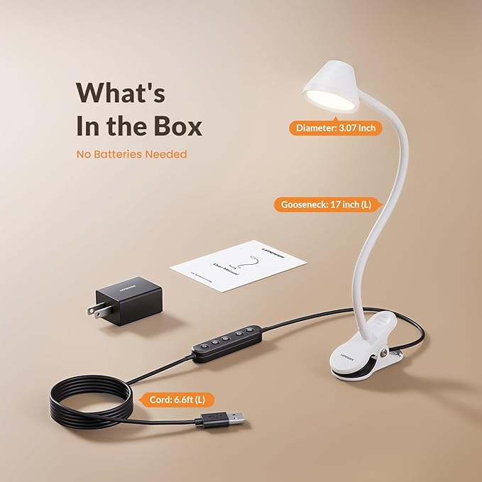 LEPOWER Clip on Light, Reading Lights for Books in Bed with 5 Colors & Stepless Dimming, RG0 Eye-Care, Auto Timer & Night Light, Strong Clamp for Headboard, Bedside, Desk, White