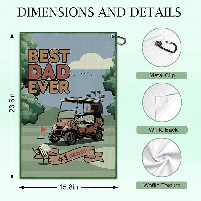 DYJYBMY Best Dad Ever Golf Towel with Clip, Funny Father's Day Printed Golf Towel, Retro Golfing Accessory for Men, Father's Day Golfing Gifts, Birthday Retirement Gifts for Grandpa Uncle Husband Dad
