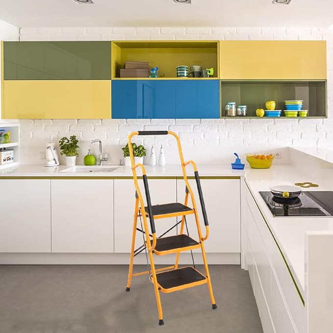 Winado 3 Step Ladder with Handrails, 330lbs Folding Step Stool, w/Non-Slip Side Armrests Large Pedal Area, Suitable for Home Office