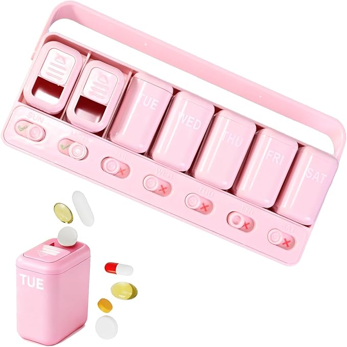 Weekly Pill Organizer 7 Day Pill Organizer one time a Day with Reminder, Detachable Travel Pill Case, Large Capacity Medicine Organizer for Vitamins, Supplements & Daily Medications (Pink)