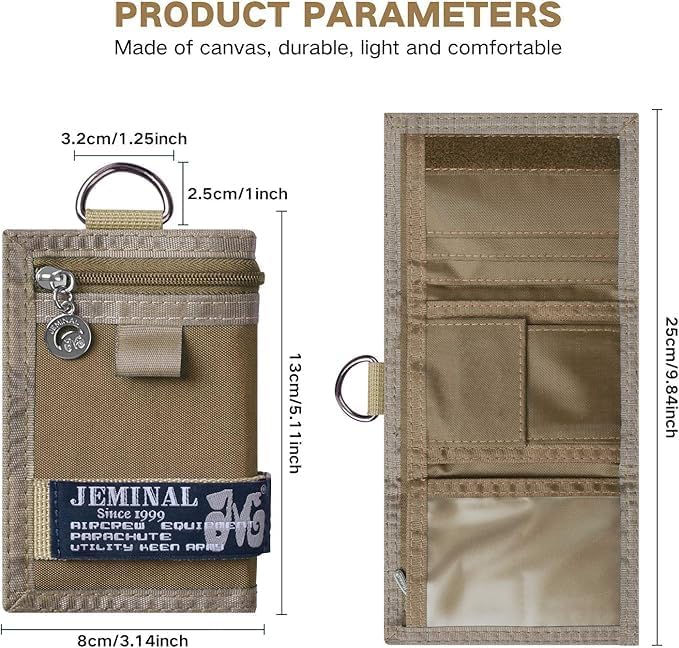 JEMINAL Trifold Canvas Wallet for Men Outdoor Sports Wallet with Keychain, Multiple Card Slots, ID Window, Lightweight Nylon Casual Wallet, Khaki