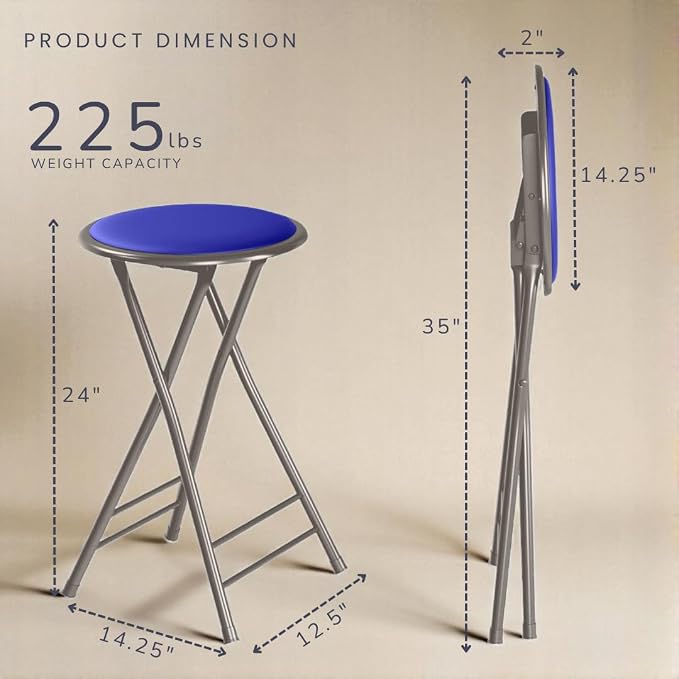 Lavish Home Folding Stool with Padded Backless Seat, Blue, 24 Inch | Counter Height Bar Stools with 225lb Capacity, Portable Indoor & Outdoor, Extra Seat for Kitchen, Rec Room or Camping