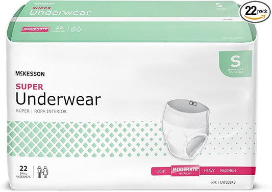 McKesson Super Adult Incontinence Underwear, [22 Count], Moderate Absorbency, Small, 20-34 in. Unisex Bladder Leak Protection, Pull-On Style with Tear-Away Sides, Postpartum and Incontinence Support