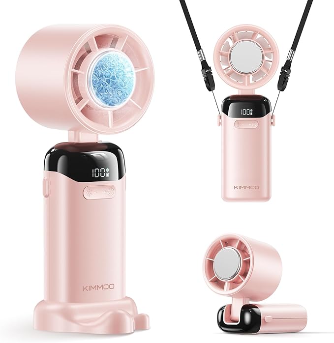 KIMMOO Handheld Portable Turbo Fan with Ice Cooler, Powerful 21000 RPM, Speed (1-199), Up to 14Hrs Cooling, Rechargeable Personal Fan, Small Pocket Hand Fans for Travel/Outdoor/Home/Office (Pink)