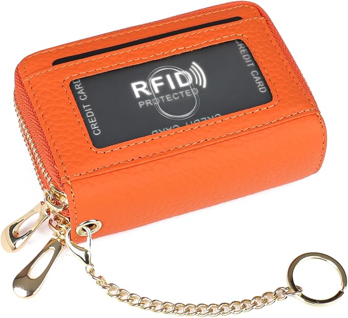 imeetu RFID Credit Card Holder, Small Card Wallet Women, Leather Card Case | Genuine Leather Women's Card & id Cases, Change Coin Purse with Zipper Keychain id Window, 20 Colors & 3 Styles, Daily, Gifts