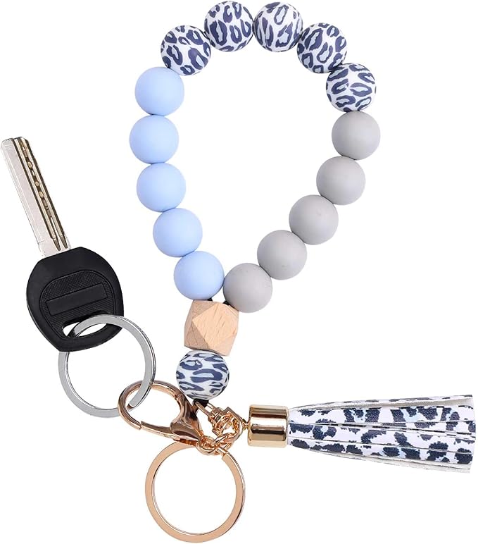 BAOSIWA Silicone Key Ring Bracelet Wristlet Keychain Unique Beaded Bangle Key Chains for Women with Leather Tassel